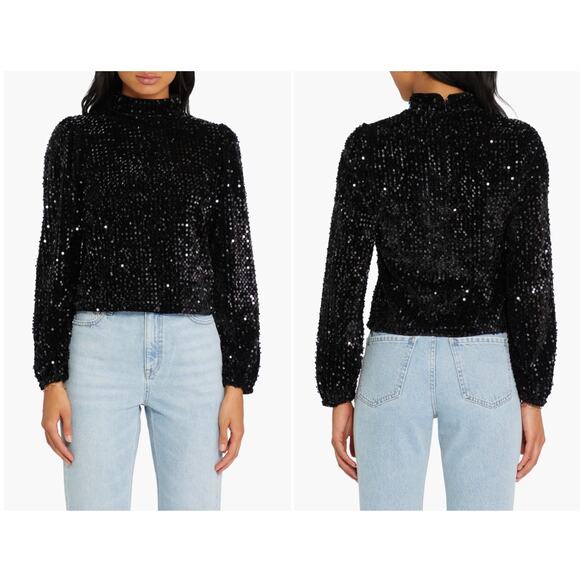 Sanctuary Women’s L All Nighter Black Sequin Mock Neck Zipper Lined Blouse NWT - Picture 2 of 8